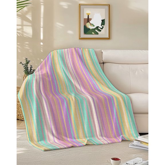 Throw Blanket Fleece Throw Blanket 50x60in, Pastel Colors Vertically Striped Soft Lightweight Bed Blankets Modern Vintage Linen Fuzzy Couch Blankets for All Season