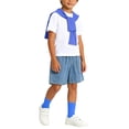 thumbnail image 6 of Boys 4 Pieces Back To School Outfit Round Neck Solid Short Sleeve Tee and Pockets Denim Shorts and Shawl and Knee High Socks Performance Outfits Casual Clothes Set 3-16 Years, 6 of 9