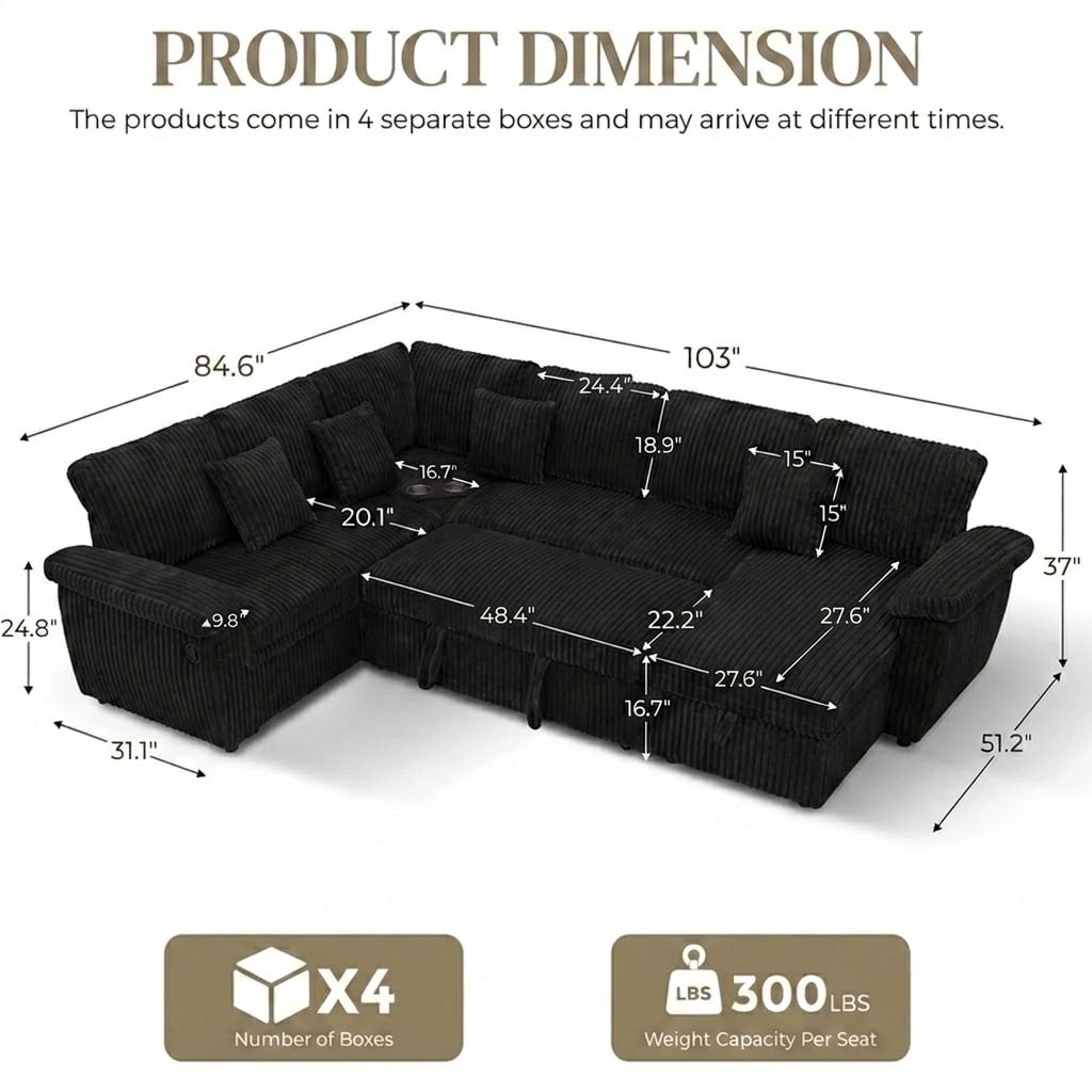 Howcool Modular Sectional Sleeper Sofa, U‑Shaped 7‑Seat Convertible Cloud Couch with Pull‑Out Bed Storage Chaise,USB Charging Ports & Corner Coffee Table Plush Corduroy Couch for Living Room,Black