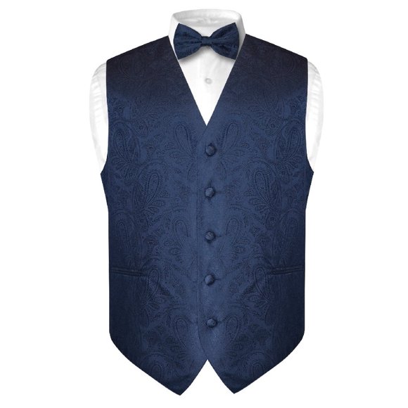 Vesuvio Napoli Men's Paisley Design Dress Vest & Bow Tie NAVY BLUE Color BOWTie Set sz Large