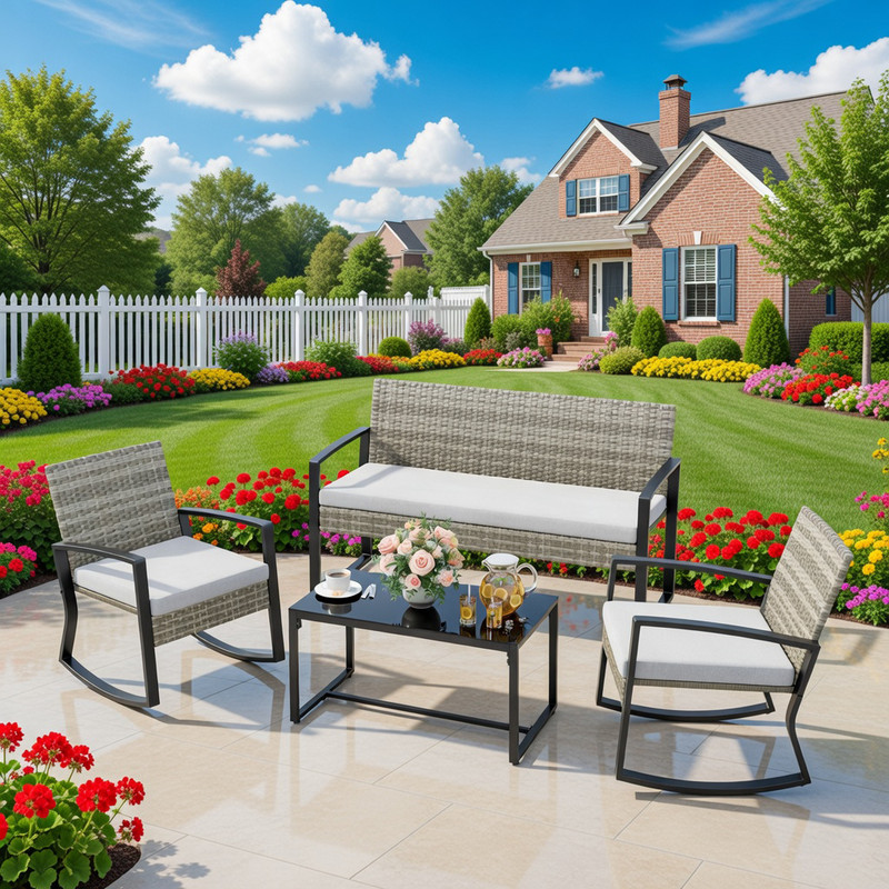Outdoor Conversation Set, 4-Piece All-Weather Rattan Patio Set - Rocking Chairs & Loveseat, Waterproof Cushions, Tempered Glass Table for Backyard/Porch/Balcony, Light Gray