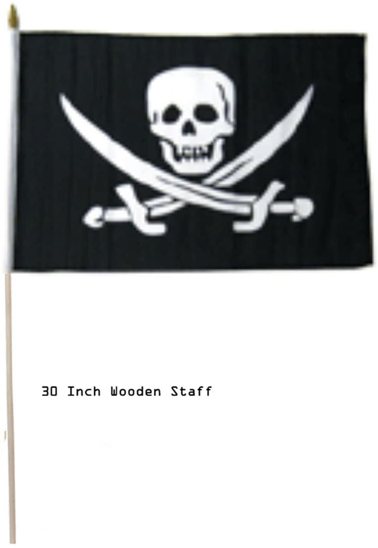 12x18 12"x18" Jolly Roger Pirate Red Eyes Skull Stick Flag wood Wooden staff