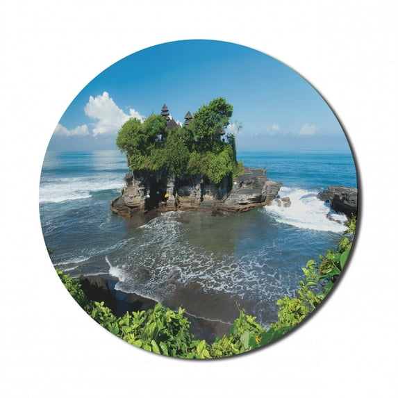 Balinese Mouse Pad for Computers, Tanah Lot Building Bali Island Wavy Ocean Historic Architecture Heritage Picture, Round Non-Slip Thick Rubber Modern Mousepad, 8" Round, Green Blue, by Ambesonne