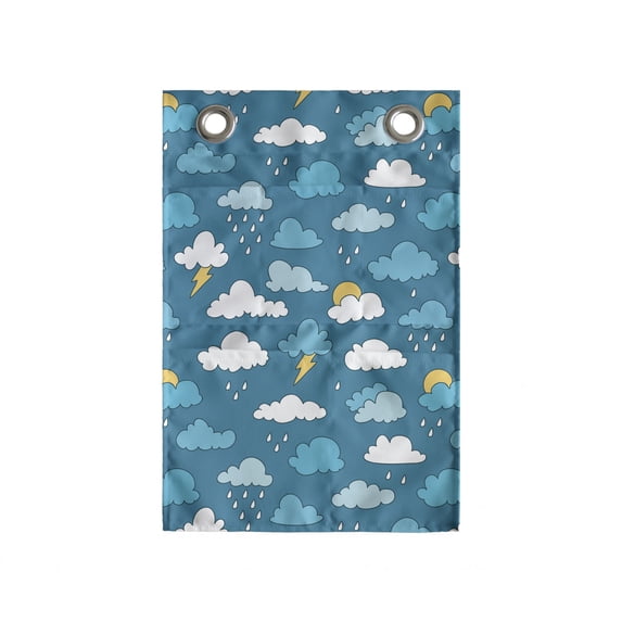 Cartoon Hanging Pocket Organizer, Raindrops Clouds with Sun Stormy Weather Thunder Lightning Sky Items, Printed Polyester Storage Bag with Pockets, 14" x 20", Sea Blue White Mustard