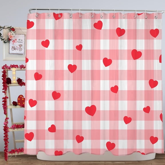 Valentines Day Shower Curtain, 72"X72" Pink Heart Shower Curtain, Valentine Bathroom Decor, Valentines Day Bathroom Set with Hooks, valentine''s Plaid shower curtain, Cortinas de Baño de San Valentin