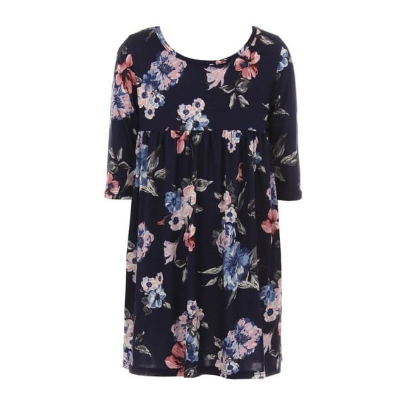 Honey Vanilla Girls' Shirring Floral Tunic Dress with Easy Removable Label Floral Navy X-Large 11-12 Years