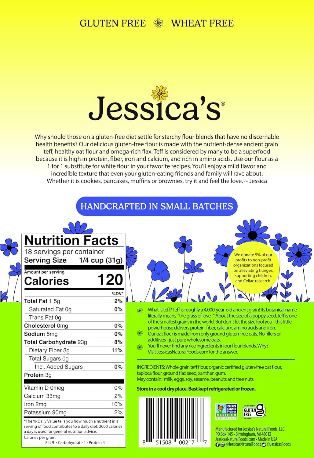 Jessica’s Natural Foods - Gluten-Free All-Purpose Flour Blend Made With the Ancient-Grain Teff and Wholesome Oat Flour, Non-GMO, and Gluten Free. 3 Per Pack