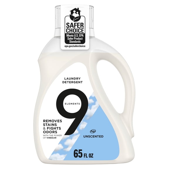 9 Elements Natural Liquid Laundry Detergent, Unscented, Vinegar Powered, 65 fl oz, 35 Loads
