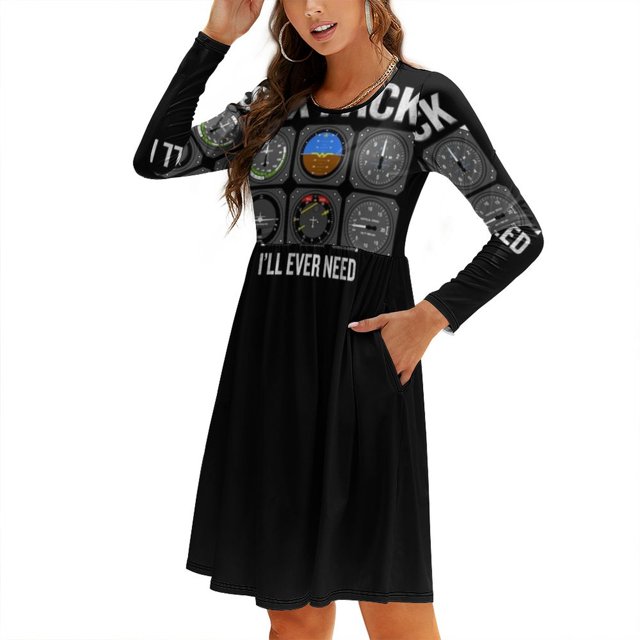 Funny Pilot Quote Cockpit Airplane Flight Intruments Sweetheart Knot Flared Dress Fashion Design Large Size Loose Dress Sarcasm