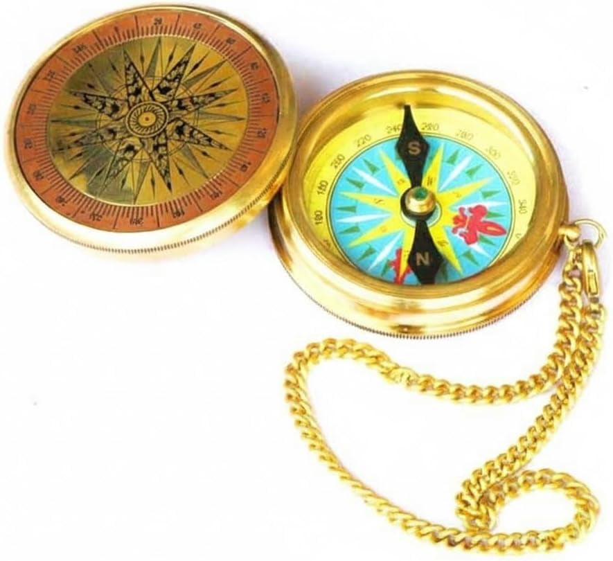 Maritime treasures Vintage Brass Pocket Compass with Chain | Antique Nautical Magnetic Compass | Collectible Navigation Instrument | Gift for Sailors, Hikers, Collectors