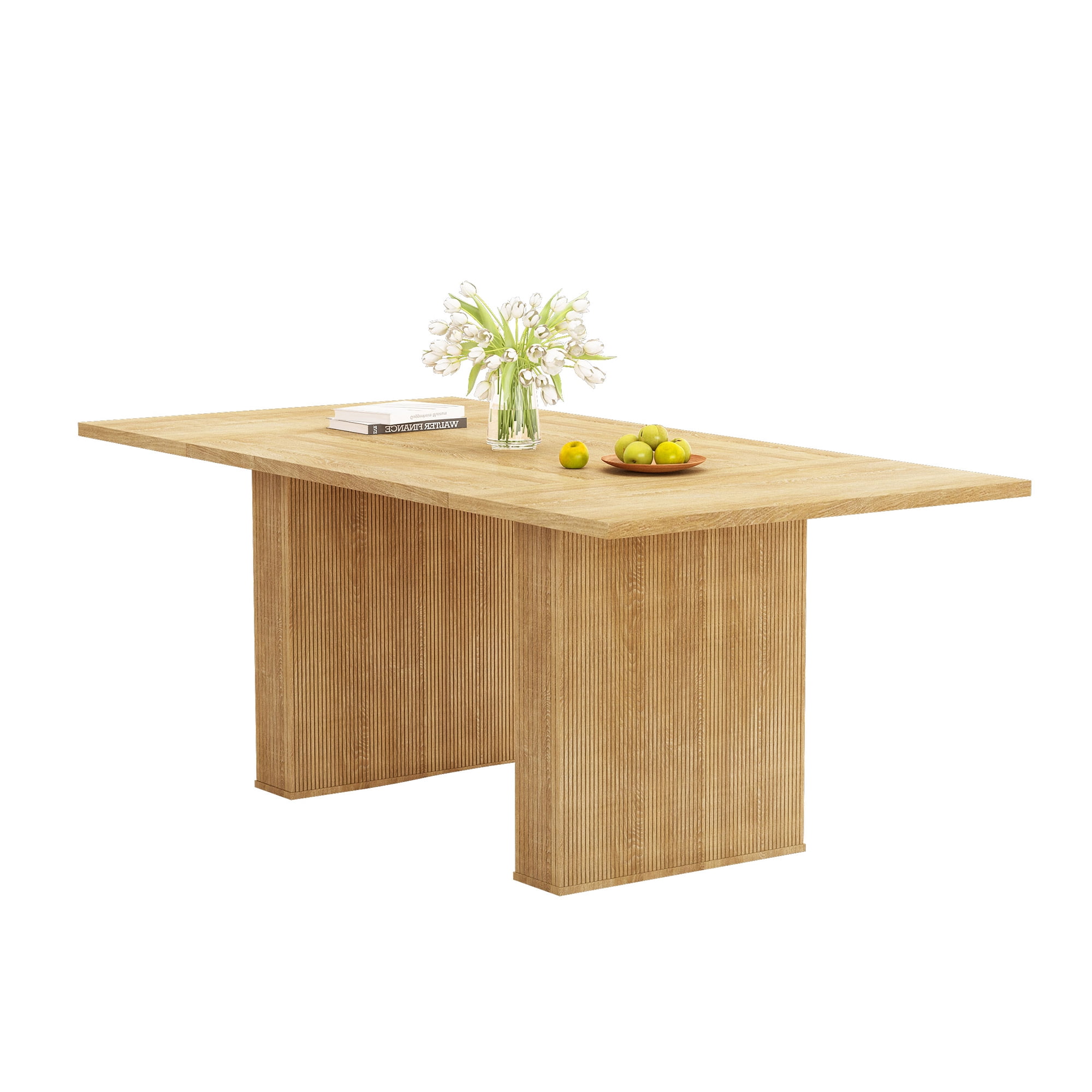 PHOYAL Beige Rectangle Dining Table for 6-8, Farmhouse Large Dining Table with Double Pedestal, 78.74"L, 39.37"W