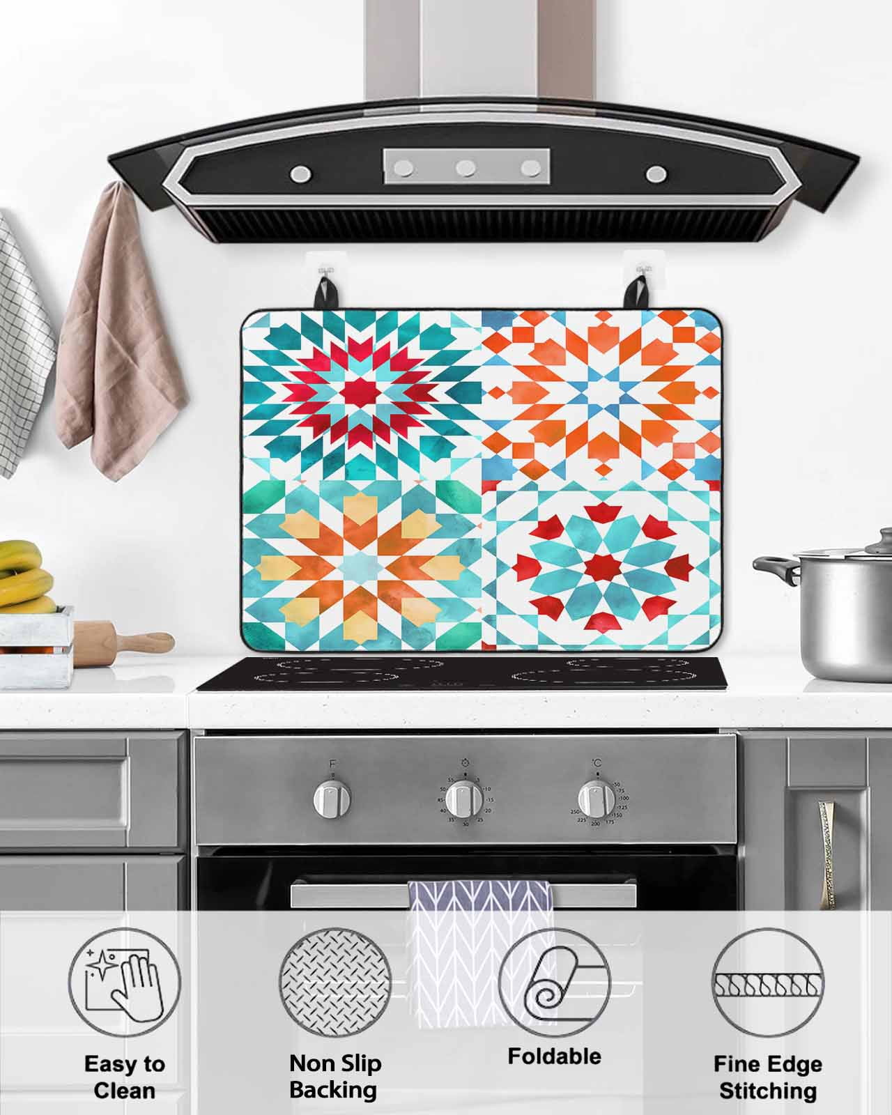 nqOlkjepod Large Induction Cooktop Protector Mat 24"x21", Colorful Boho Geometric Stove Top Covers for Electric Stove, Bohemian Ethnic Abstract Art Stove Burner Cover Mats, Glass Top Stove Cover