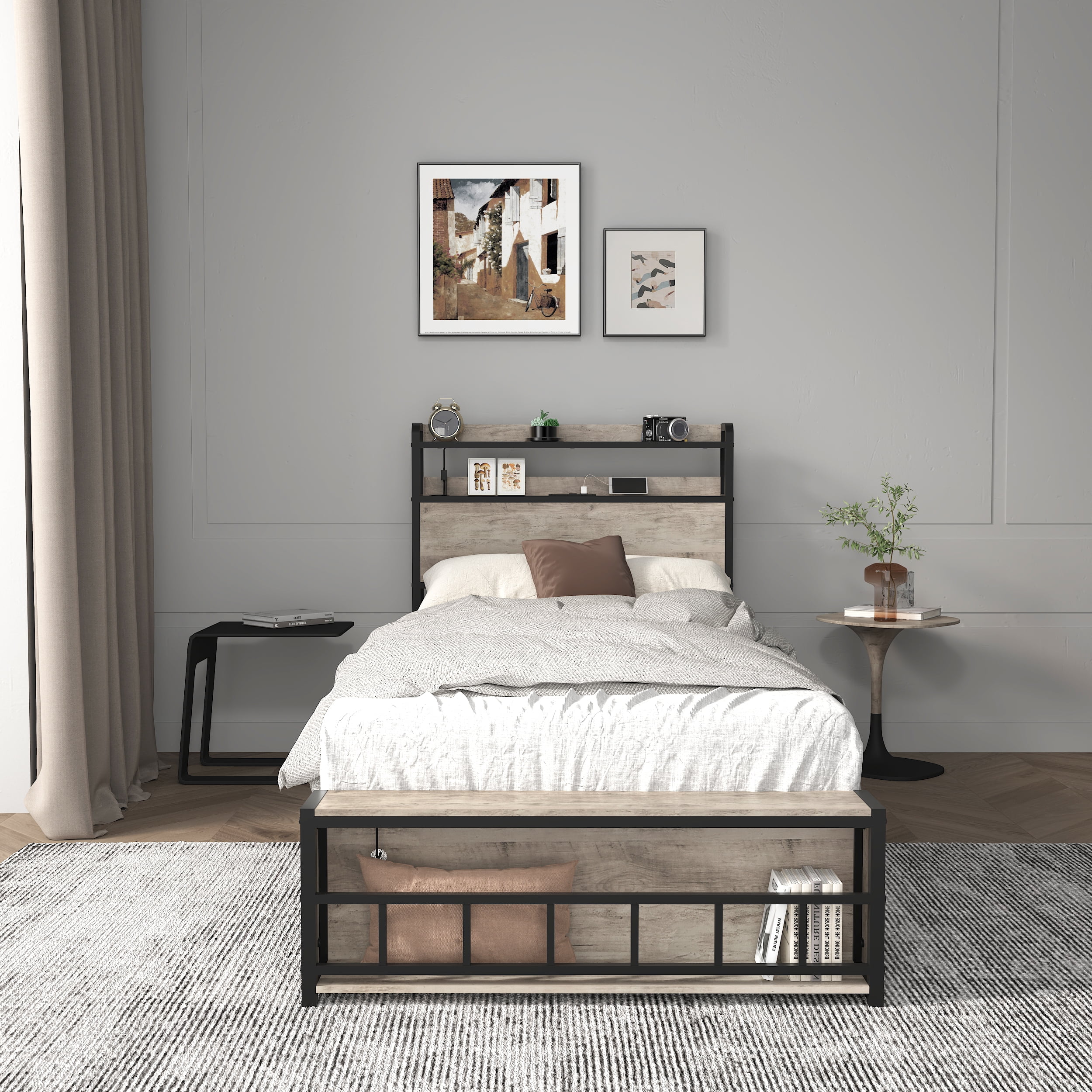 Miniyam Twin Bed with LED Headboard, USB Charging, Storage Shelves for Teens