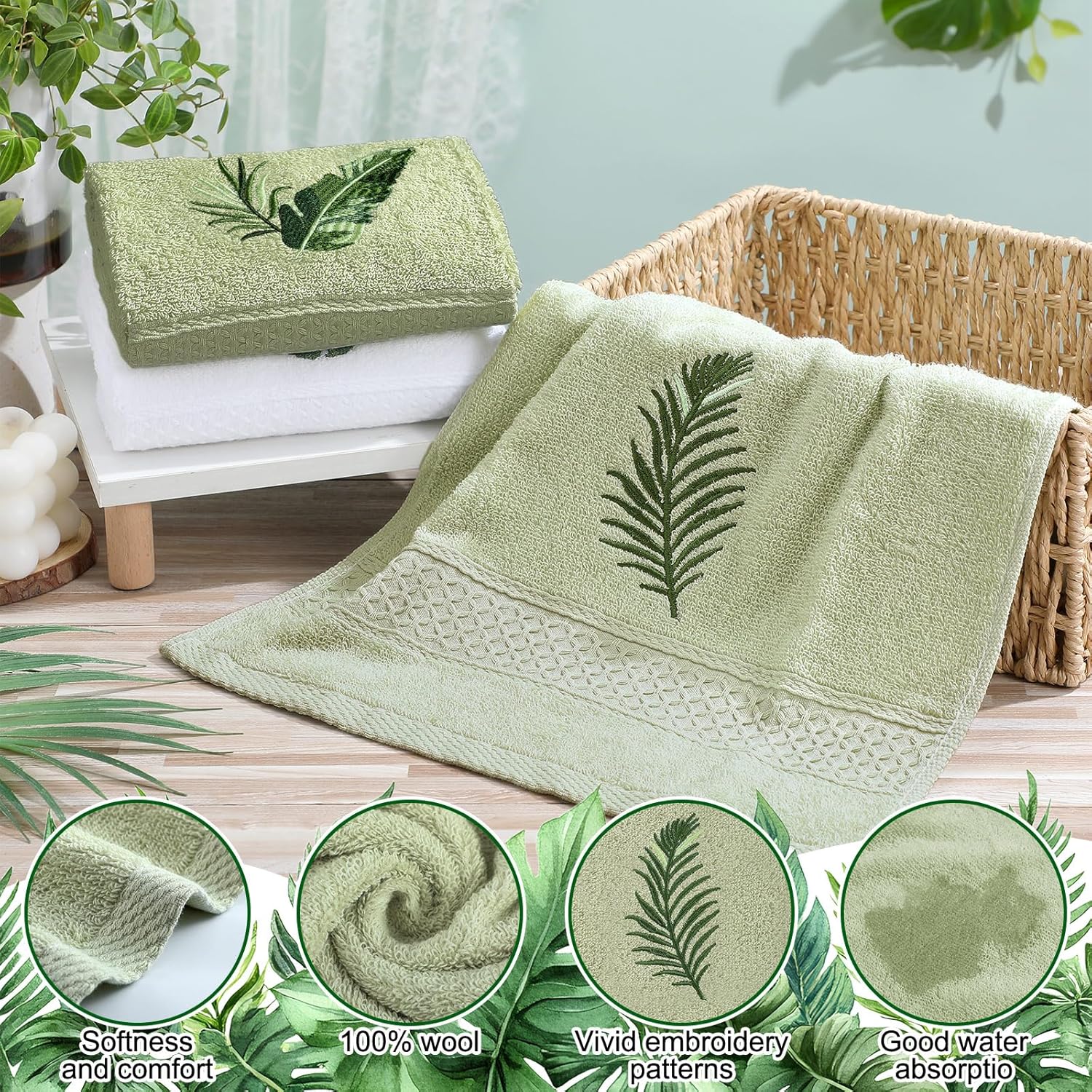 3 Pcs Tropical Palm Leaves Hand Towels for Bathroom Decor Summer a Embroidered Absorbent Soft Cotton 13.78 x 29.53 Inch Farmhouse Green Decorative Kitchen Home
