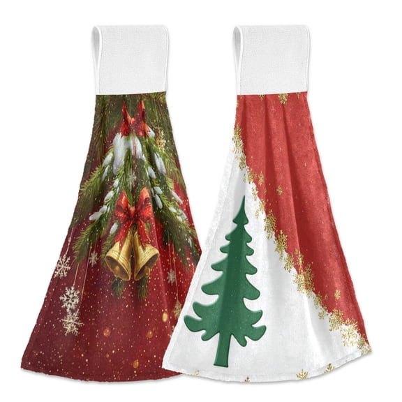 IAUYY Kitchen Hanging Towels Set of 2 100% Polyester Absorbent, Super Soft Hand Towels with Hanging Loops for Bathroom Kitchen Deep Red Tone Decorated with Golden Snowflakes