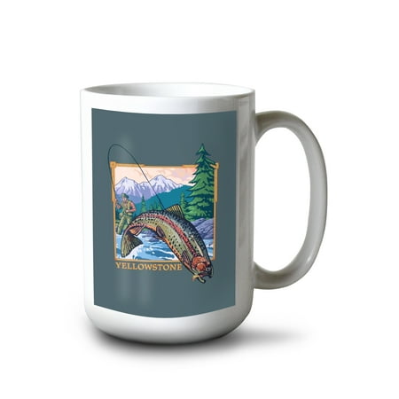 

15 fl oz Ceramic Mug Yellowstone National Park Wyoming Fly Fishing Scene Contour Dishwasher & Microwave Safe