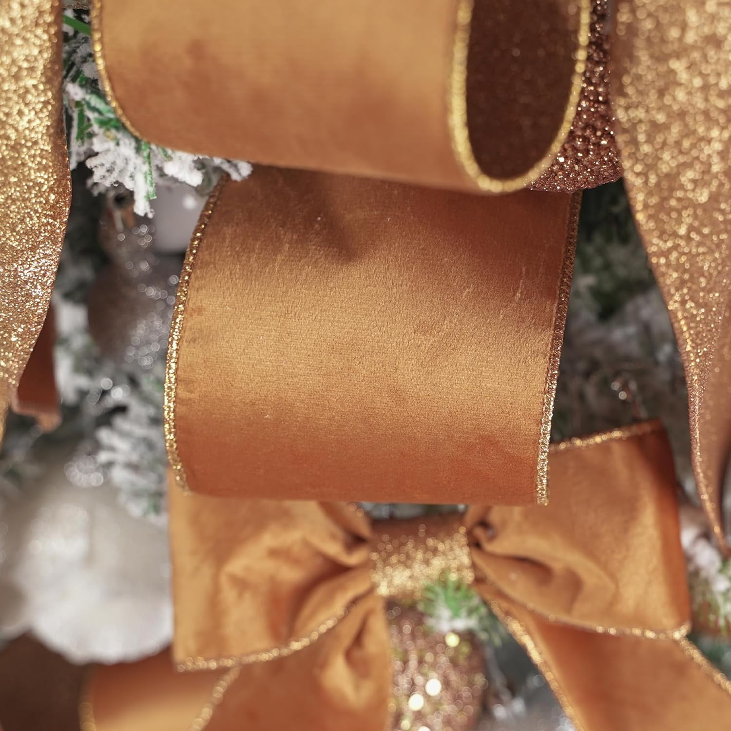 Velvet Wired Ribbon 4 inch Copper Double-Sided Glitter Wire Christmas Tree Ribbon for Christmas Tree, Wreaths, Tree Top Bows, Garland, Home Decor, Fall Decor- 10 Yards