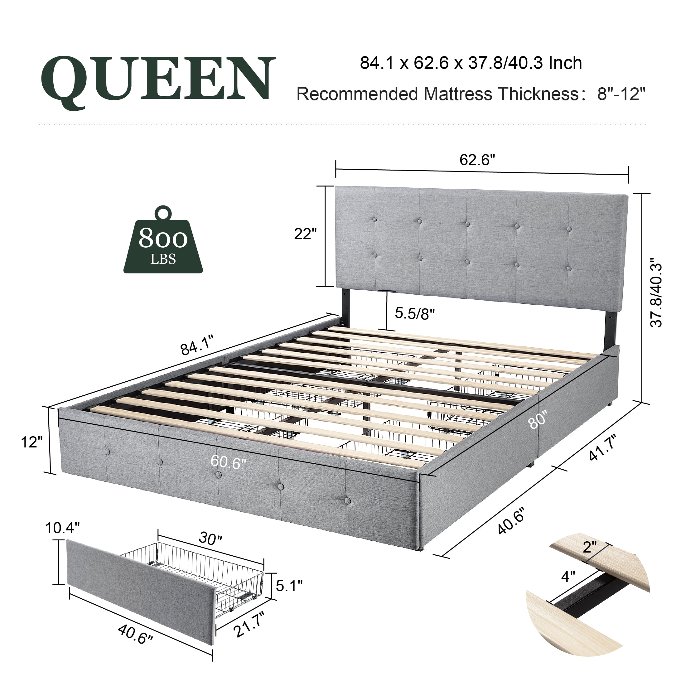Amolife Queen Size Platform Bed Frame with Headboard and 4 Storage Drawers