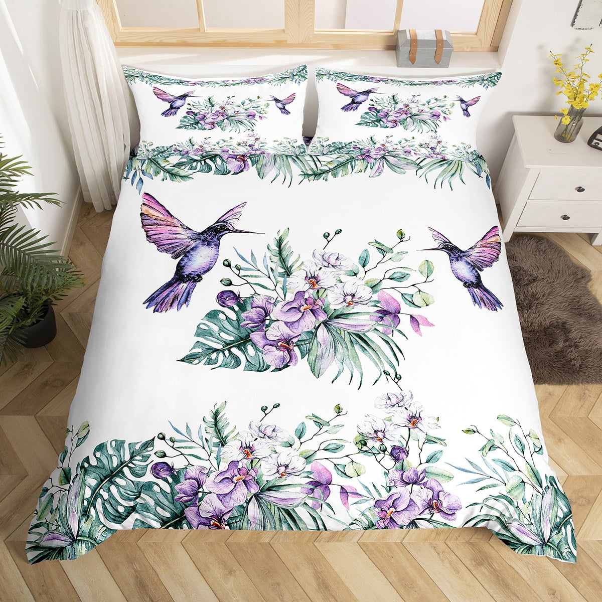 Hummingbird Bedding Set Purple Flowers Comforter Cover for Boys Girls