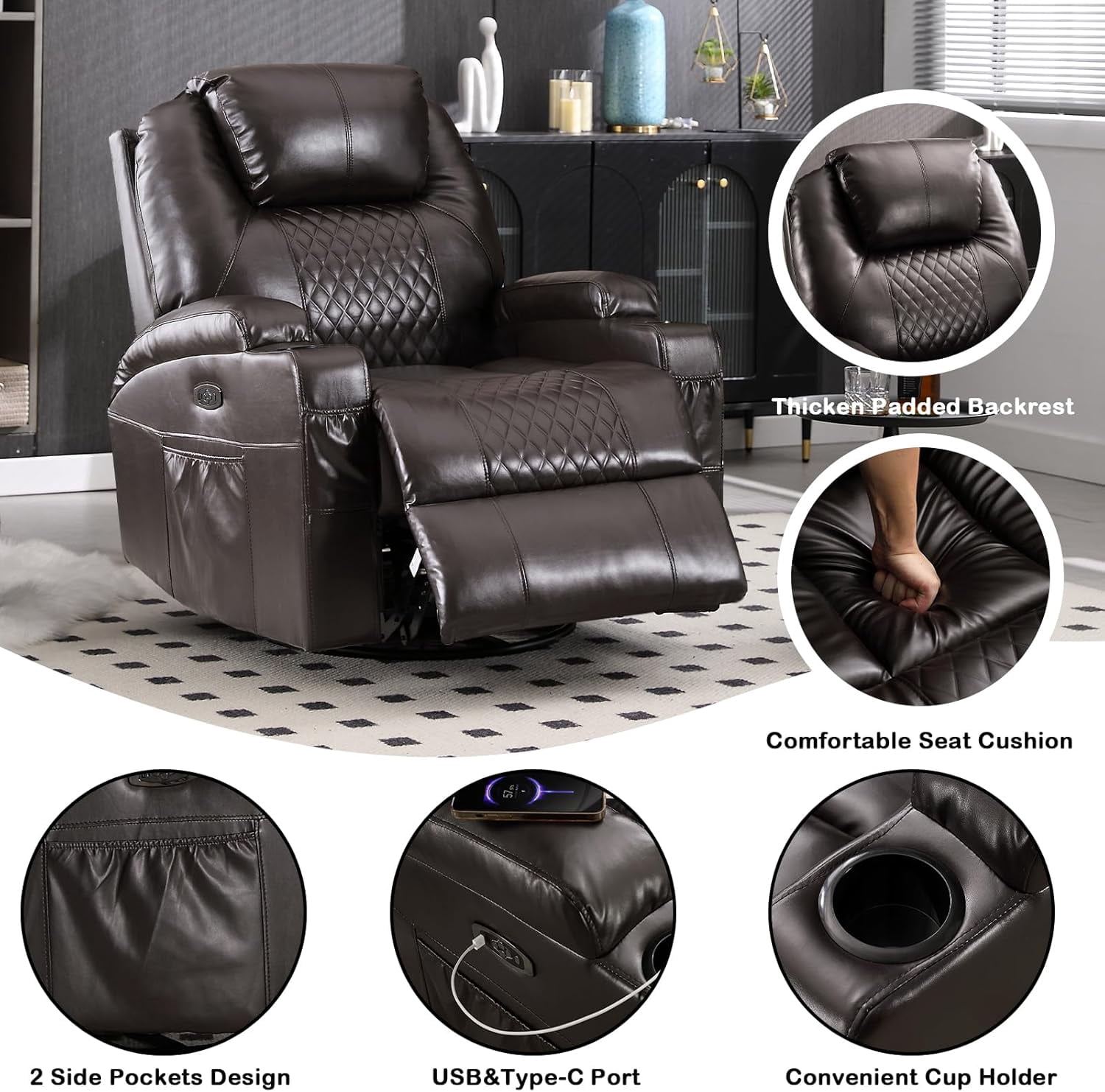 QJTC Power Rocker Recliner Chair with Heat and Massage, 240° Swivel Recliner Chair with Cup Holder/LED Lights/USB Ports, Brown