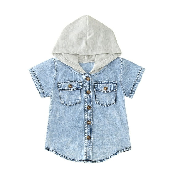 PINQI Baby Sport Tops Toddler Boys Girls Short Sleeve Denim Hooded Coat Kids Tops T Shirt with Pockets Summer Fall Spring Clothes