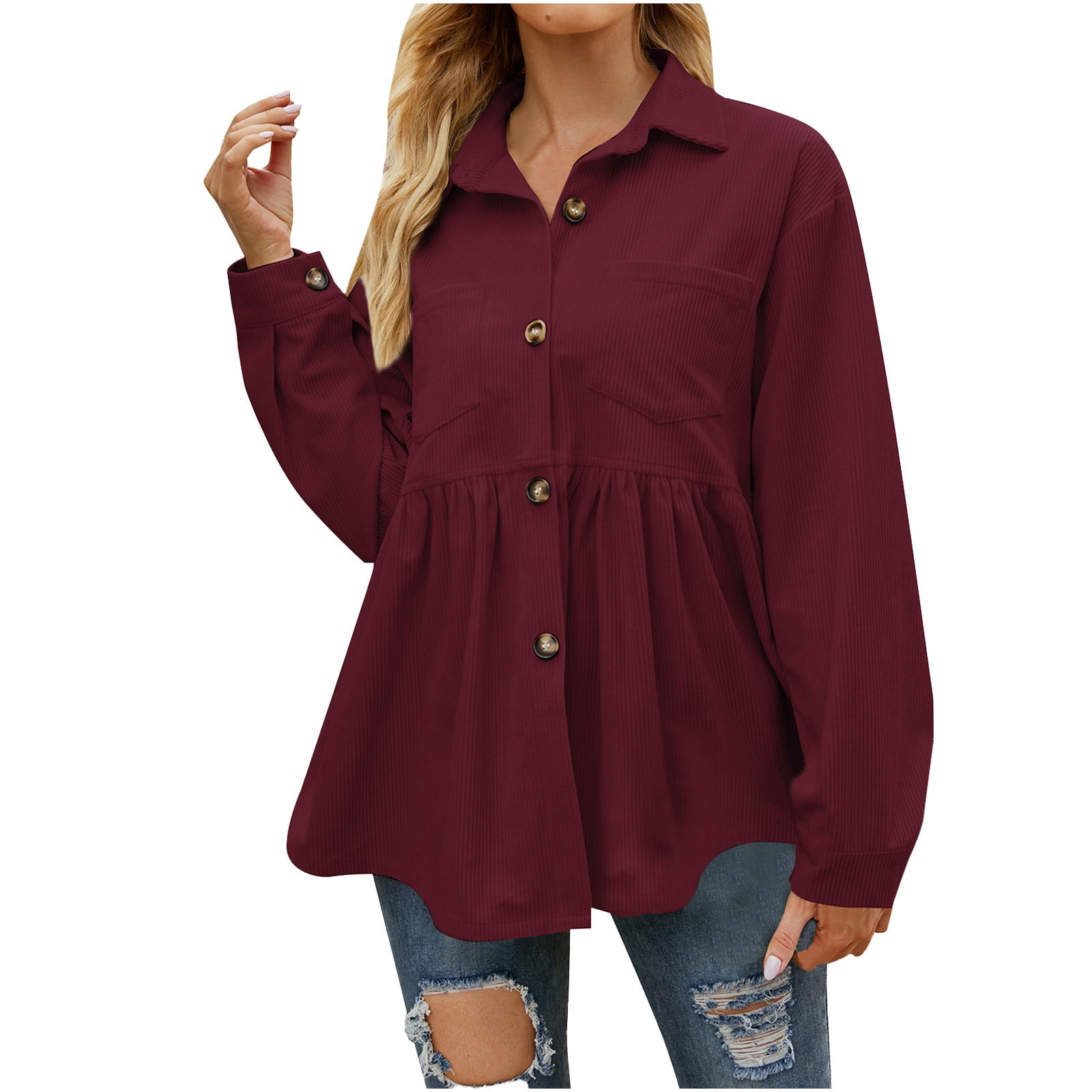 XFLWAM Women's Corduroy Peplum Button Down Shirt Jacket Long