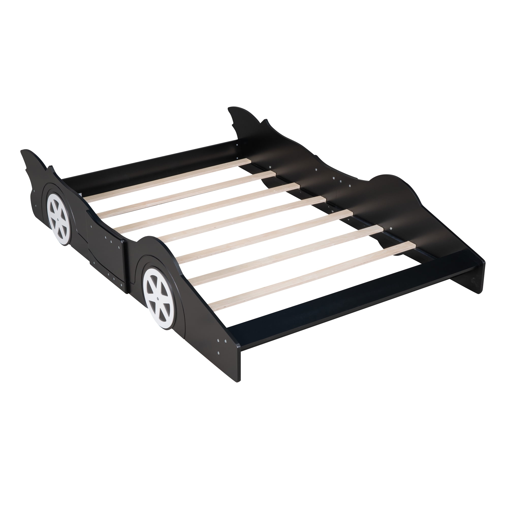 Solid Wood Race Car-Shaped Platform Bed with Wooden Slats, Bed with Wheels, Platform Bed with Headboard and Footboard, No Box Spring Needed (Black,Full)