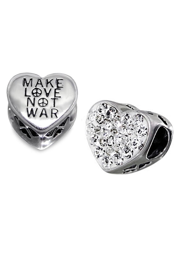 .925 Sterling Silver "Heart Make Love Not War"  Charm Spacer Bead for Snake Chain Charm Bracelet