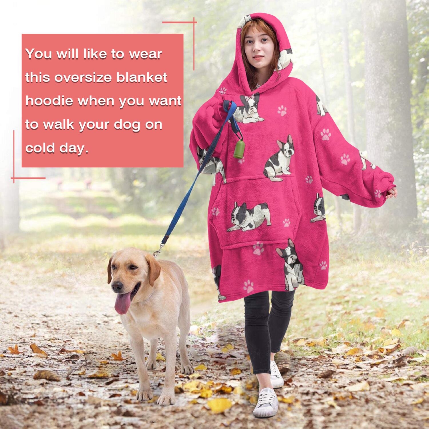 Wearable Oversized Blanket,Boston Terrier on Red Background Wearable Blanket Hoodie for Adults,Cozy Hooded Blankets with Super Pockets,Super Warm Fuzzy Pullover for Women & Men