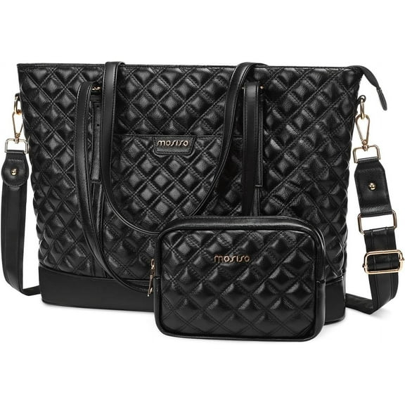 Mosiso Laptop Tote Bag for Women Fit for 15.6" MacBook HP Dell Asus Notebook, Large Capacity Rhombus Quilted Leather Computer Shoulder Handbag with Small Purse, Black
