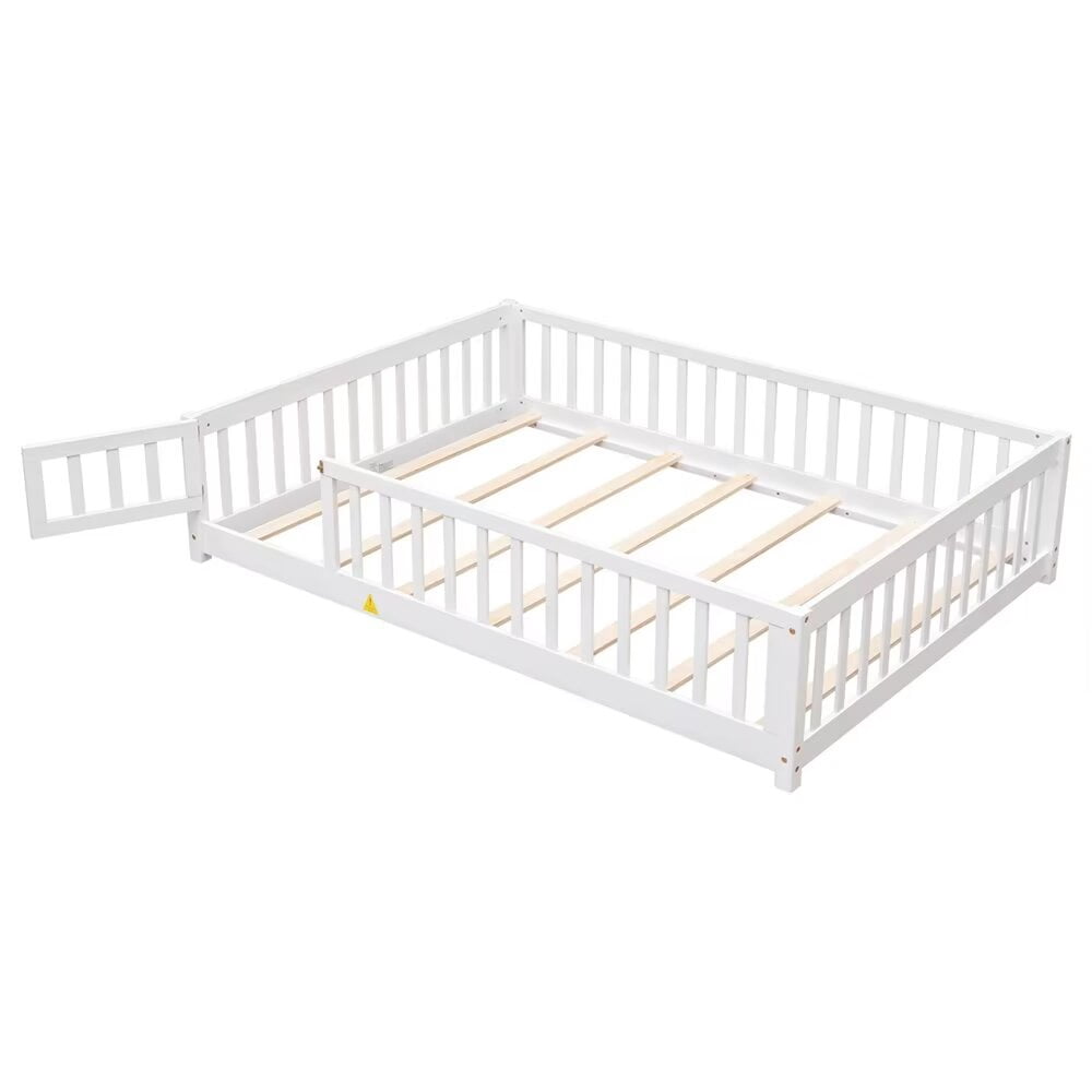 Full Size Floor Bed Frame, Wooden Montessori Bed with 7 Wood Slats, Fence-Shaped Guardrails and Door, No Box Spring Needed, White