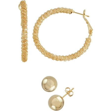 X & O Gold-Tone Stacked Hoop and Shiny Stud Earring Set, Sizes 40mm and 10mm, 2 Pairs