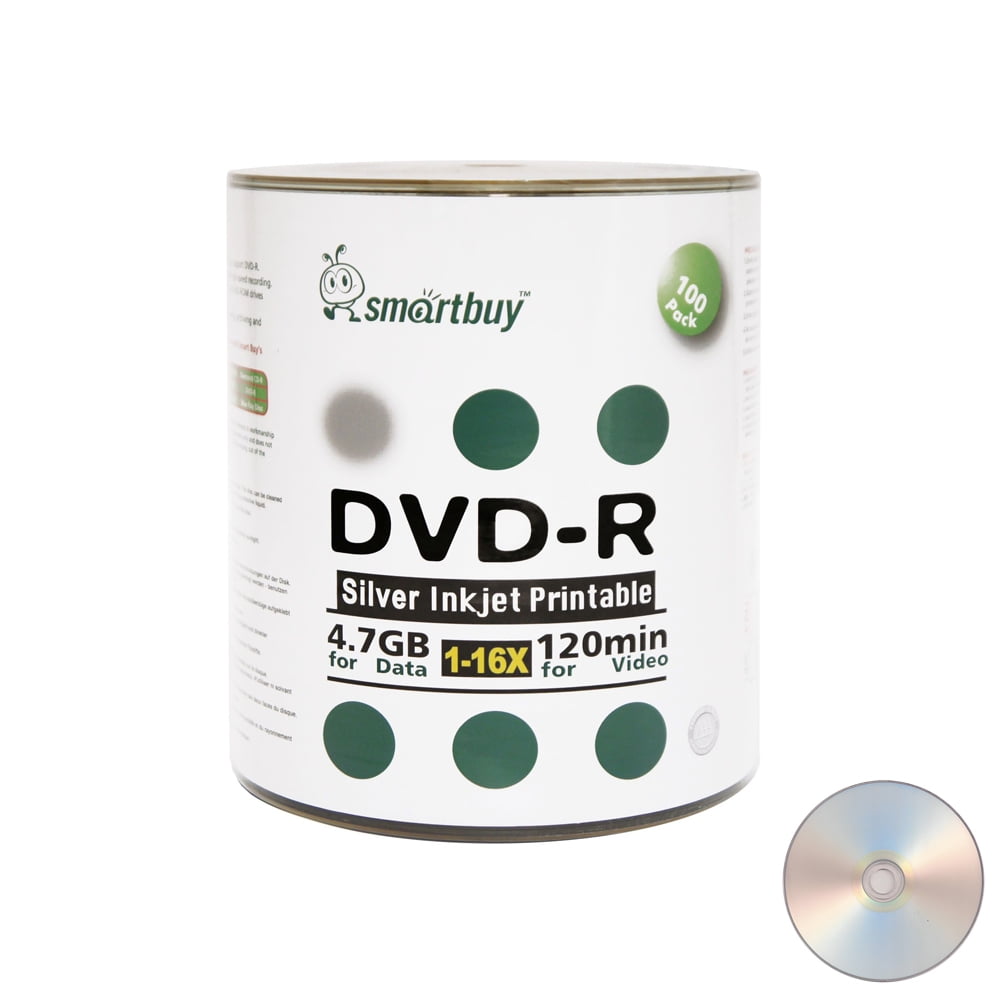 100 Pack Smartbuy 16X DVDR 4.7GB 120Min Silver Inkjet Hub Printable
