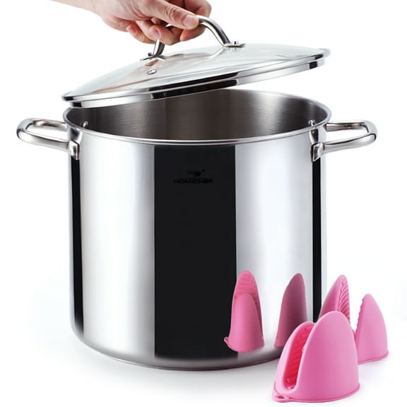 HOMICHEF 16 Quart Large Stock Pot with Glass Lid & Mitts, NICKEL FREE Stainless Steel Mirror Polished Induction Cooking Pot
