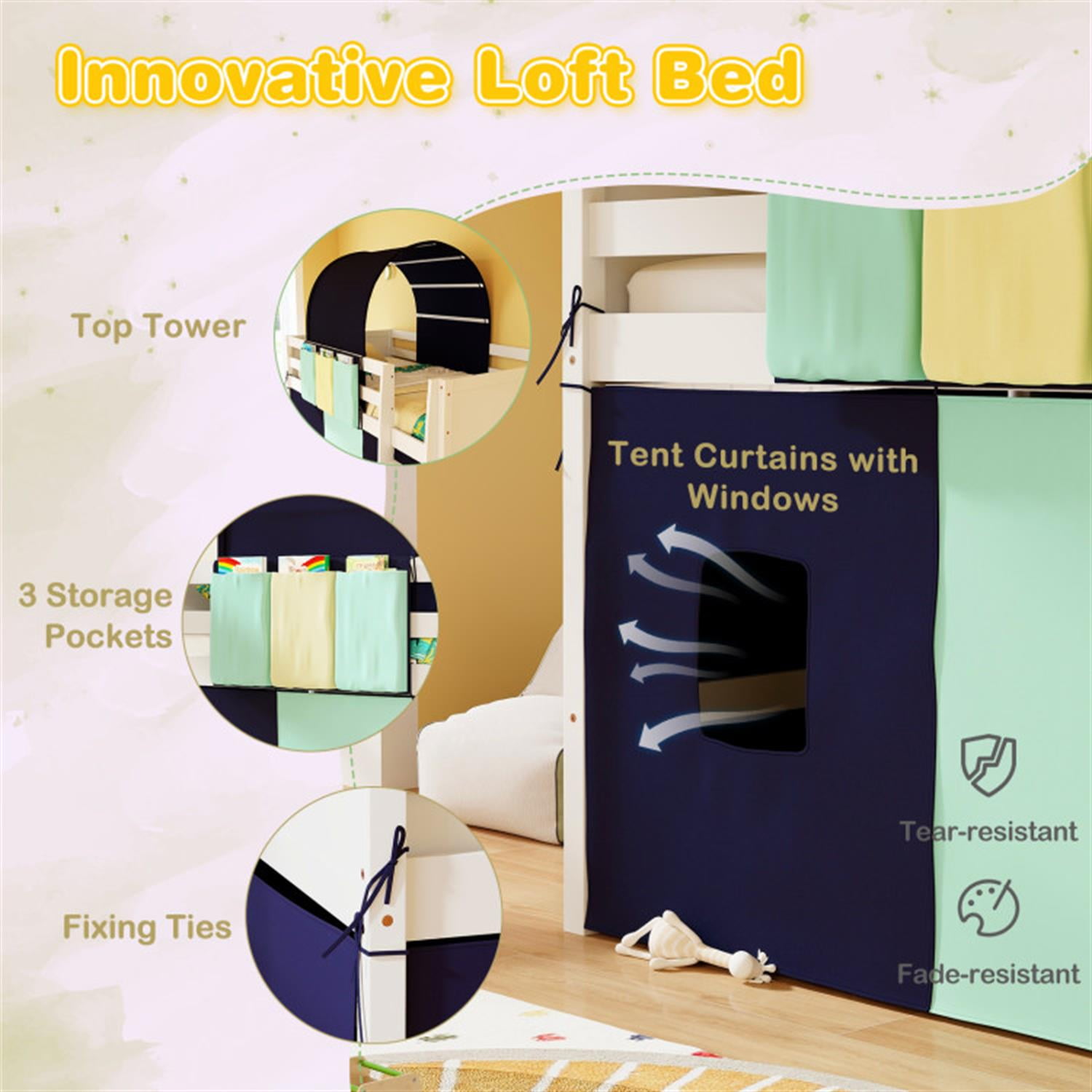 Demi Bonn Loft Bed Twin Size, Solid Wood Low Loft Bed with Tower Tent and 3 Storage Pockets, Modern Wooden Bed Frame, Blue