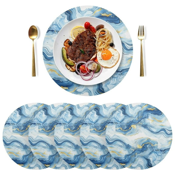 Blue Gold Agate Black Round Placemats Plate Mats 15 Inch Non-Slip Heat Resistant Washable PVC Set Indoor for Kitchen Dining Table 1PC