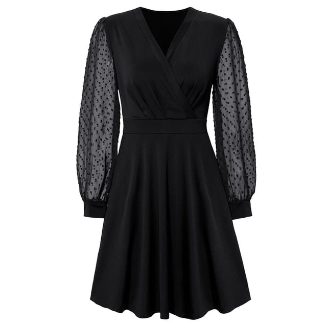 Vestido mini con volantes, cuello cuadrado, manga larga, vestido de fiesta, vestido de novia, negro, L