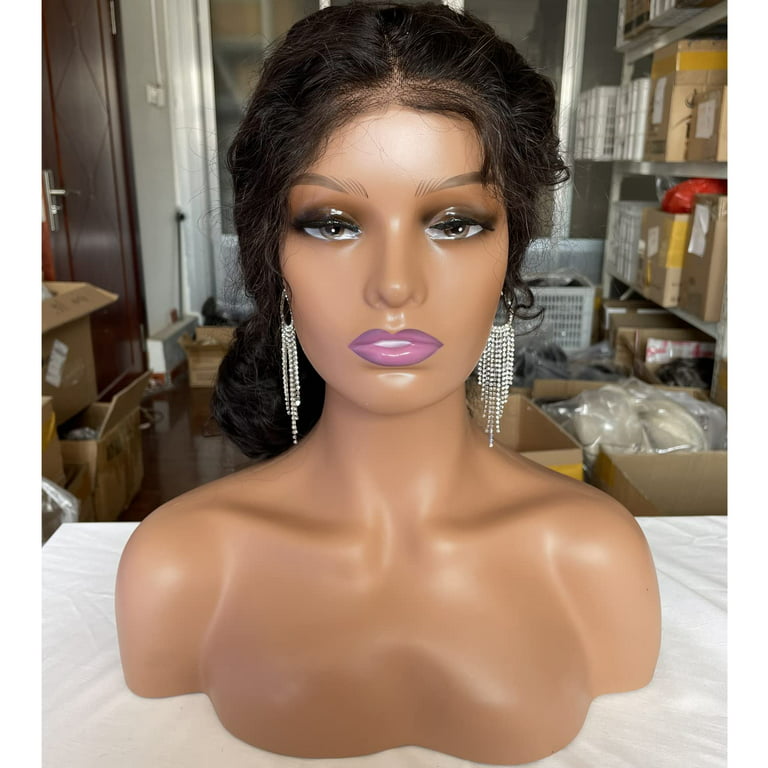 Realistic Female Mannequin Head with Shoulder Manikin PVC Head Bust Wig  Head Stand with Makeup for Wigs Necklace Earrings Light Brown
