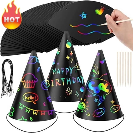 Scratch Party Hats DIY Birthday Art Cone Paper Hats Include Scratch Paper Cone Hats Art Craft Caps Elastic Strings and Bamboo Skewers Craft Paper Hat