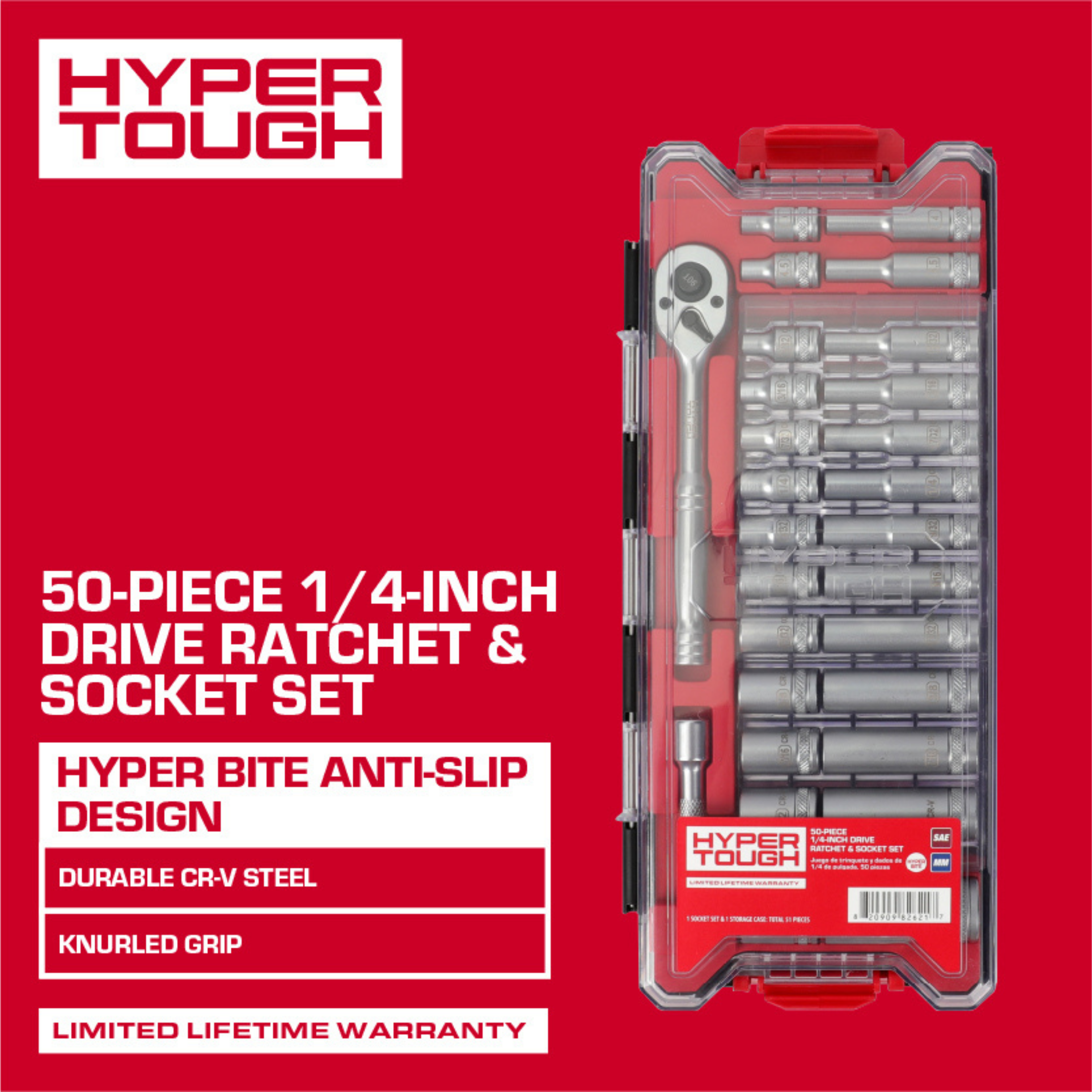Juego de Llave de Carraca y Dados de 1/4 Pulgada Hyper Tough, SAE y Métrico, 50 Piezas 4
