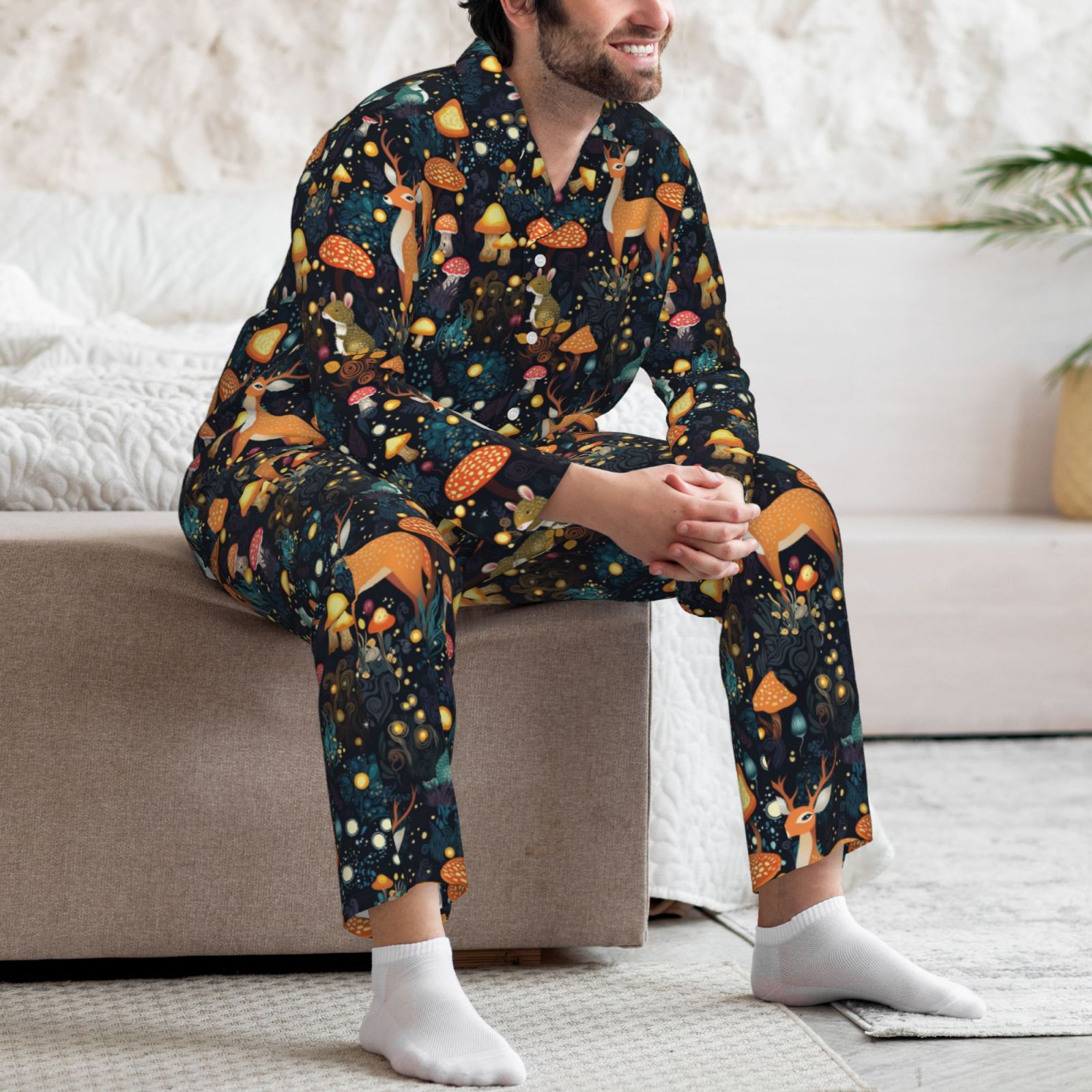 Xecao Forest Elf Print Pajamas Set Mens Pajamas Long Sleeve Loungewear Two-Piece Sleepwear Button-Down Pjs Set,2PJS-