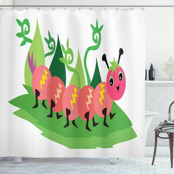 Caterpillar Shower Curtain, Happy Animal with Cheerful Character Strolling in the Field, Fabric Bathroom Set with Hooks, 69W X 84L Inches Extra Long, Green Dark Green Pale Pink, by Ambesonne