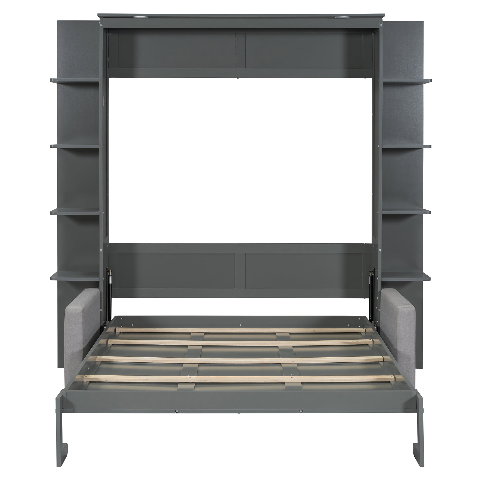 Mintazer Queen Murphy Bed with Sofa & Side Shelves, Modern Foldable Wall Bed with LED Lights for Bedroom Apartment Guest Room, Gray