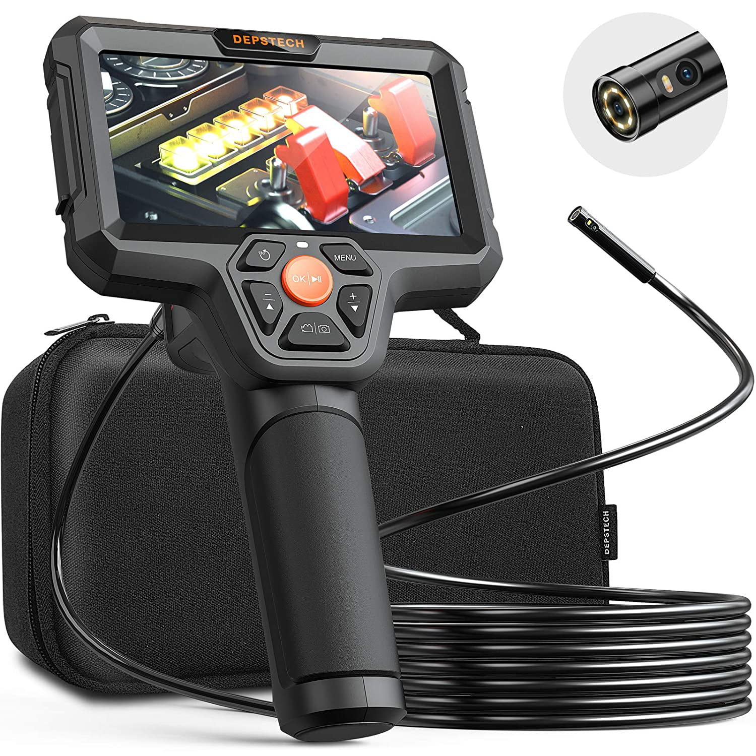 DEPSTECH Dual Lens Inspection Camera 5000 mAh Battery Carrying Case Sewer Camera with LED Flashlight 7.9 mm HD Borescope Endoscope with 5 IPS LCD Screen 32 GB Detachable Snake Camera-16.5ft 