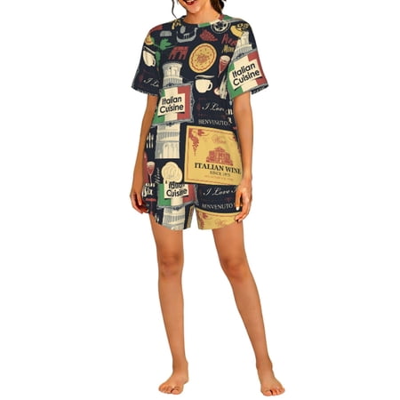 Women s Pajama Set Short Sleeve 2-Piece PJs Loungewear Sleepwear Top Shorts Italian Cuisine Pasta Wine Pizza Retro