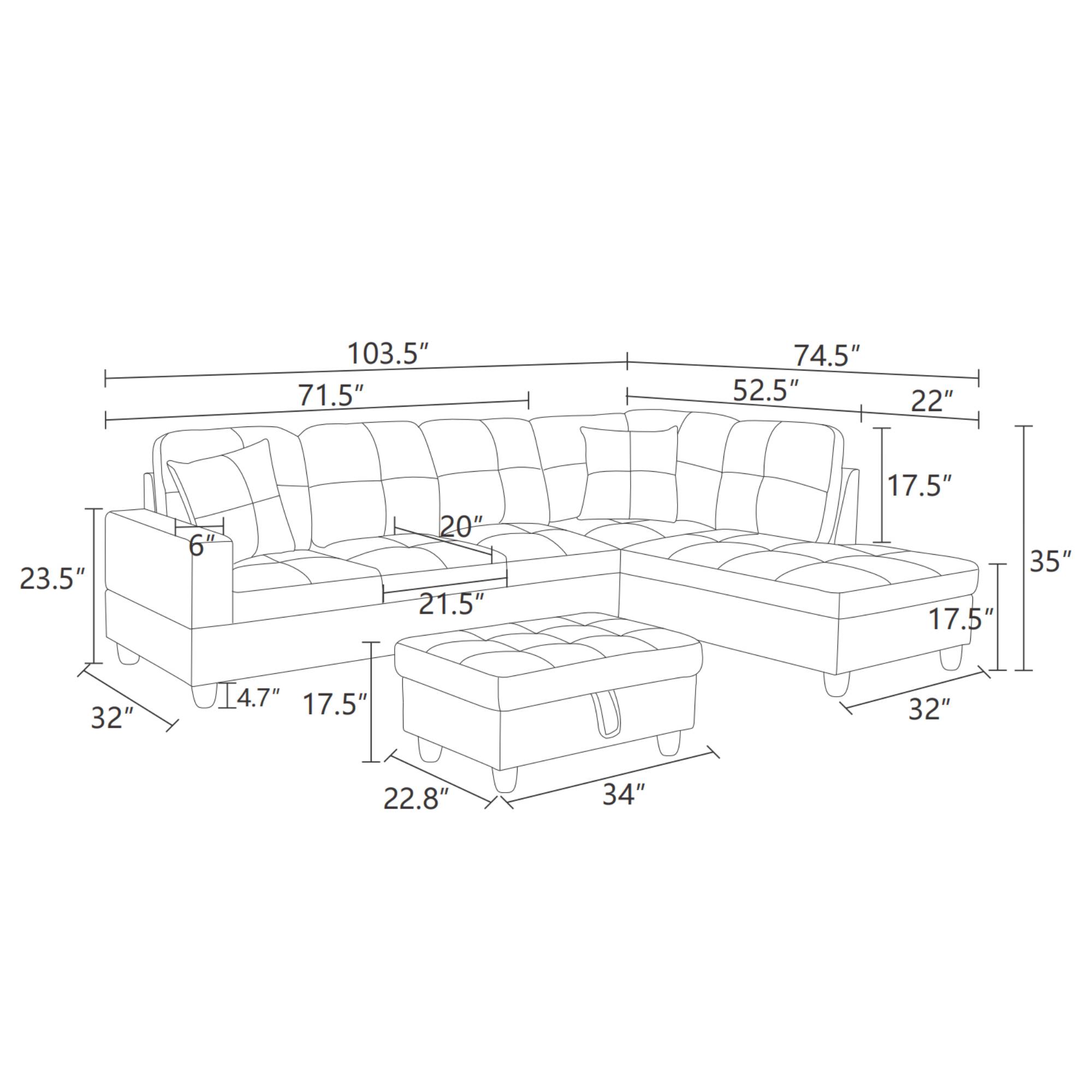 Sectional Sofa Couch, Leather L Shape Sofa Couch Set with Chaise and Storage Ottoman for Living Room, White