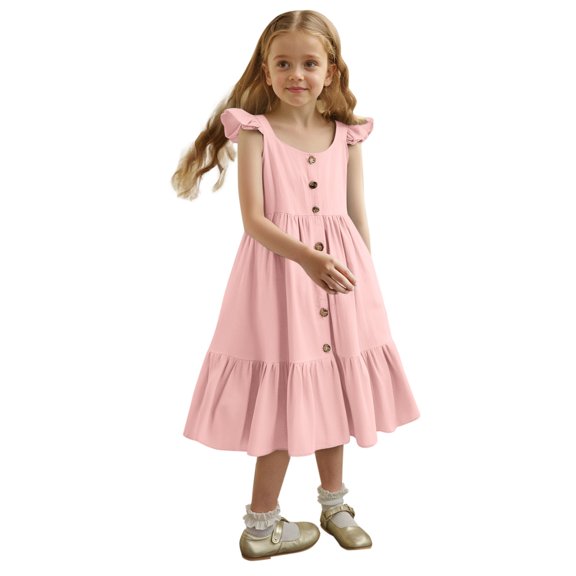 ZHOGXU Sleeveless Casual Little Girls Button Down Ruffled Dress Soft Boho Beach Vacation Back To School Sundress