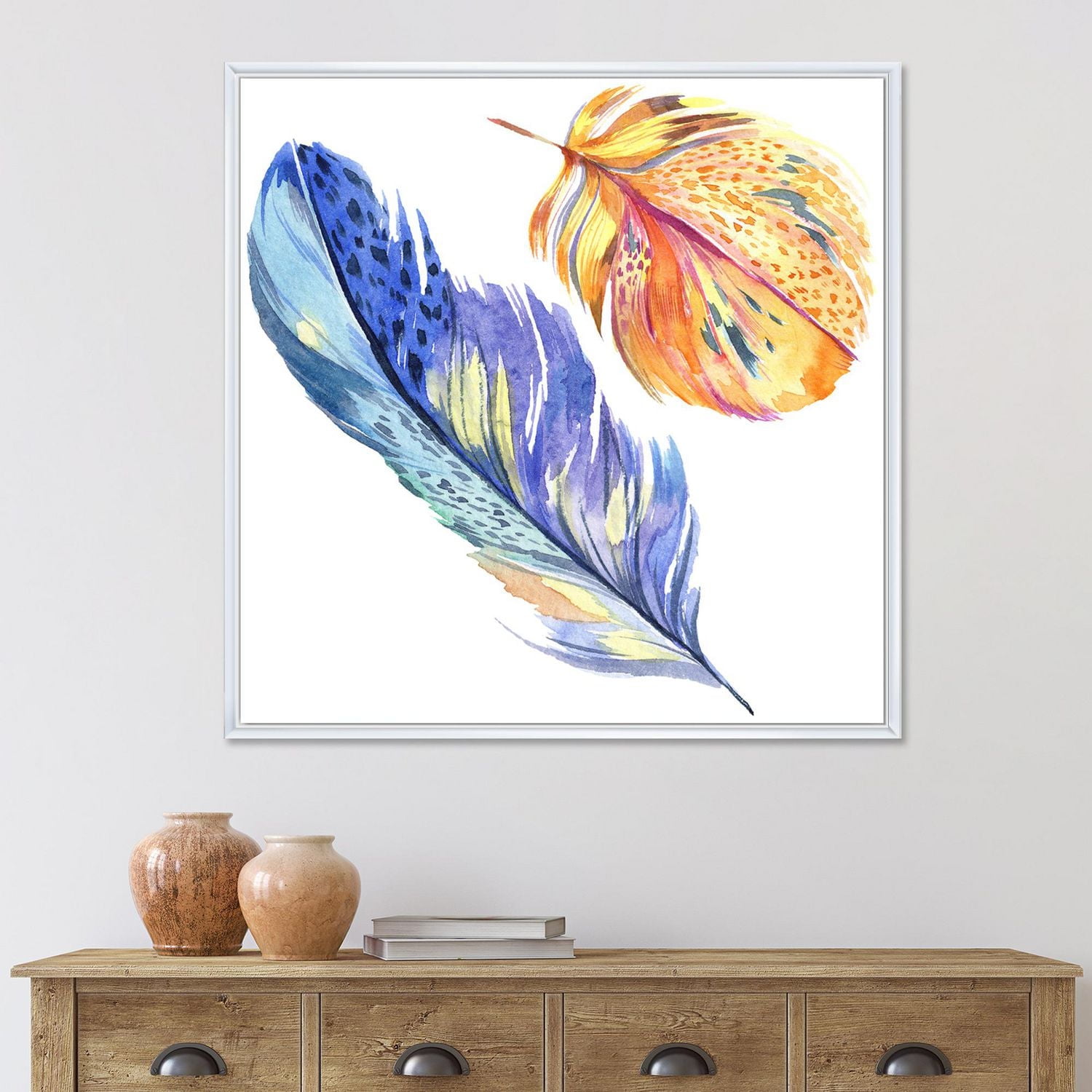 Designart Plume d'oiseau bleu coloré de l'aile ART MURAL À CADRE FLOTT
