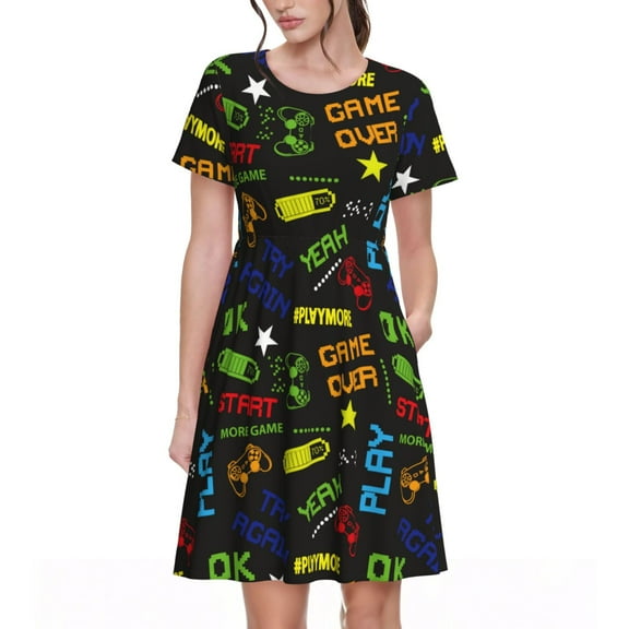 Defioc Pixel Game Pattern Womens Summer Dresses Short Sleeve Sundress 2025 Beach Vacation Dresses with Pockets -Small