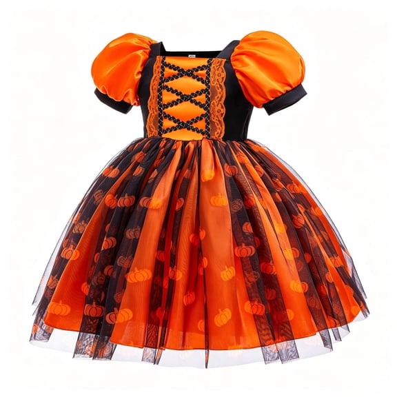 Girls Dresses Halloween Pumpkin Print Tutu Dress Kids Puff Short Sleeve Lace Up Princess Dress for Halloween Party Costume(Orange,4 Years)